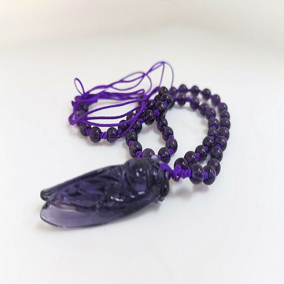 Wonderful Deco style amethyst purple glass cicada pendant necklace