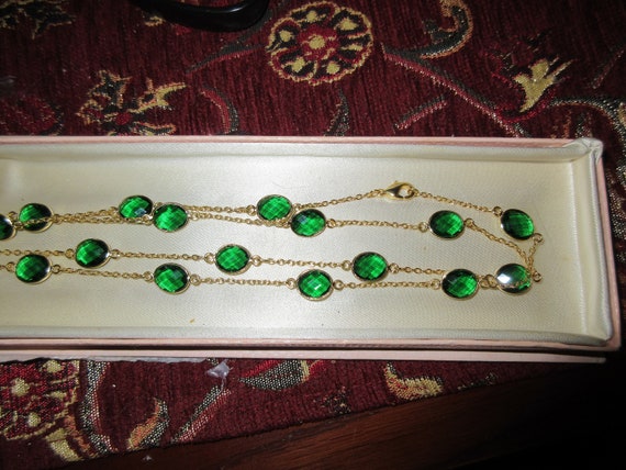 Lovely goldplated longline 9mm emerald glass necklace 38"