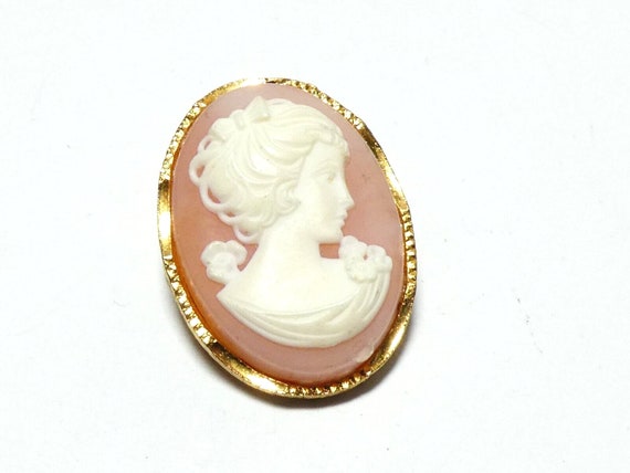 Lovely vintage Gold Plated Framed carved resin Cameo lady portrait brooch