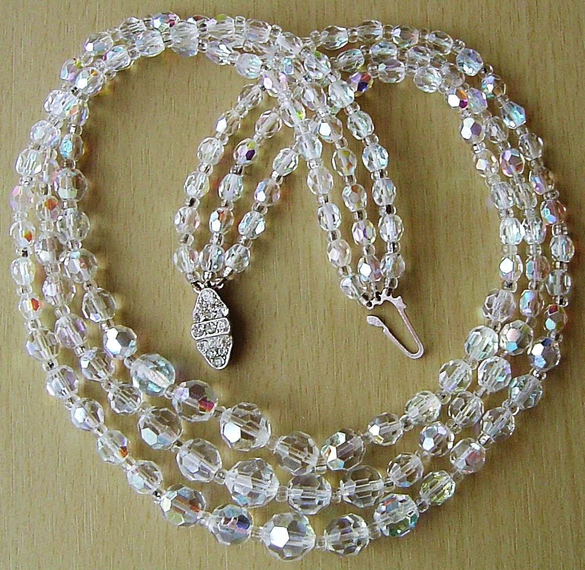 Vintage 1950s 3 strand aurora borealis crystal necklace