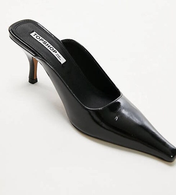 As New Topshop ETTA black patent leather pointed toe mules size 37 - 6.5