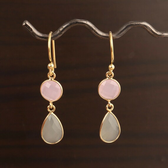 Faceted Pink Round Gray Pear Chalcedony Gold Plated Drop Dangle Earring