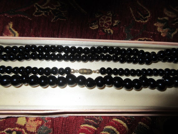 Lovely vintage Art Deco  black glass necklace different shaped beads 46"