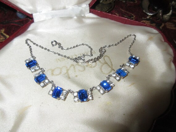 Lovely vintage silverplated clear and sapphire blue diamante necklace