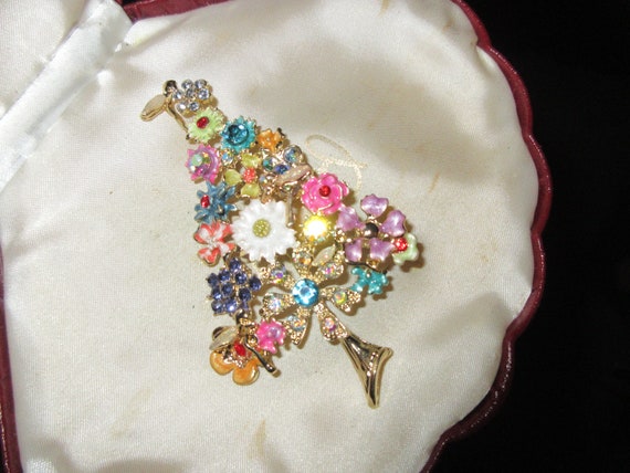 Lovely gold plated sparkly enamel rhinestone flower tree brooch or pendant