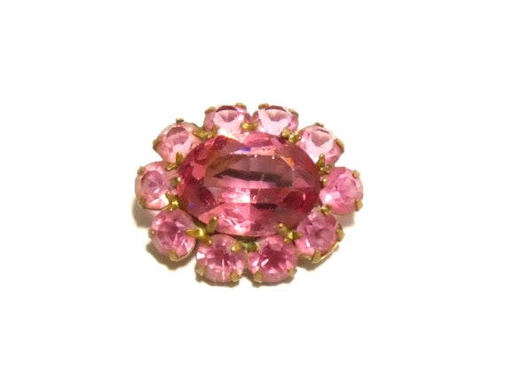 Pretty vintage  Small Oval Gold  Pink Rhinestone Glass Lace Pin brooch