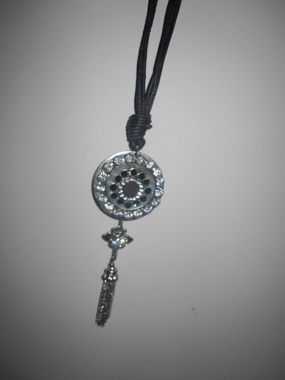 Fabulous Vintage leather cord sparkly rhinestone tassel pendant necklace