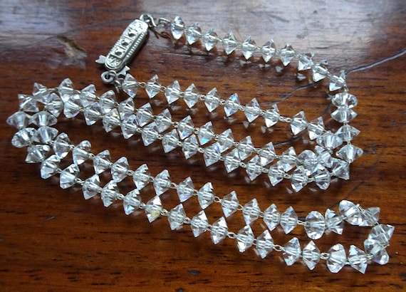 Beautiful vintage crystal clear glass bead chain strung necklace marcasite clasp
