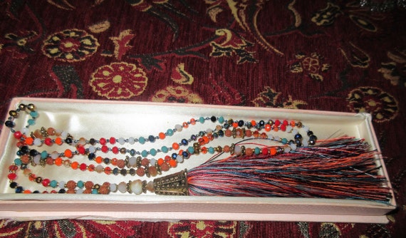 Lovely 4mm multicoloured glass beaded necklace  silky tassel
