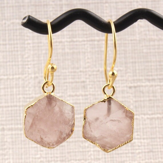 Beautiful Genuine Pink Rose Quartz Gold Plated Dangle earrings