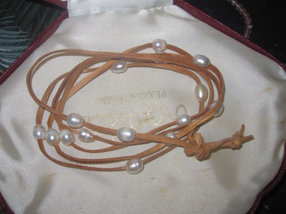 Lovely long 8mm white freshwater pearl lariat necklace on tan leather 43"