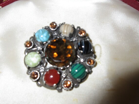 Beautiful vintage Scottish Celtic signed Miracle agate glass brooch or kilt pin