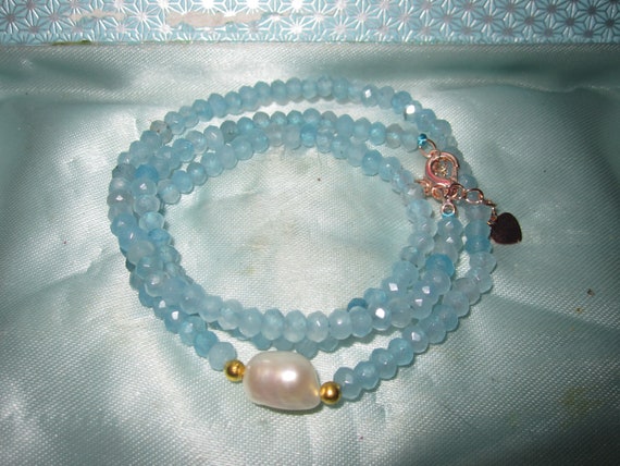 Lovely Natural Faceted 4mm Aquamarine and baroque pearl necklace 18-20"