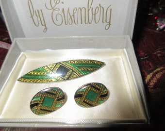 Vintage 1950s estilo Pierre Bex broche de esmalte verde y conjunto de pendientes