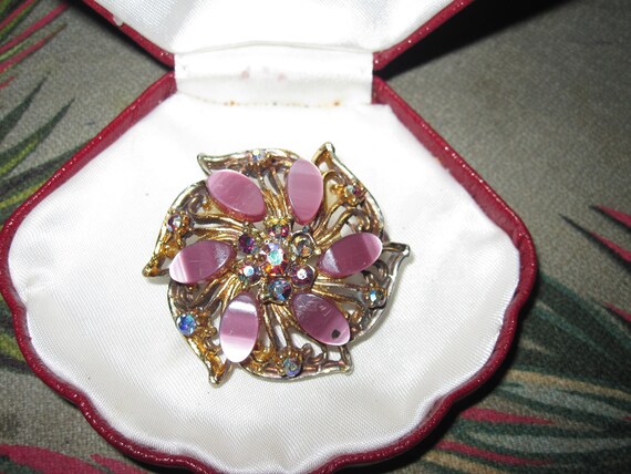 Charming vintage pearly thermoset pink lucite AB rhinestone floral brooch