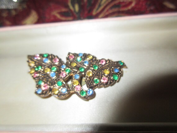 Wonderful Vintage Czech gold metal  multi colour rhinestone dress clip