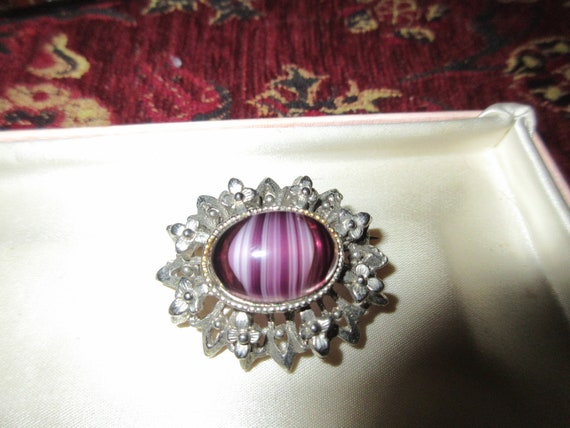 Lovely vintage silverplated purple glass ornate frame brooch signed Sphinx