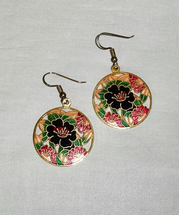 Lovely vintage enamel cloisonne hibiscus dangle earrings