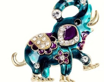 Lovely gold plated teal green rhinestone enamel elephant brooch