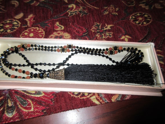 Lovely 4mm black glass beaded necklace  silky tassel