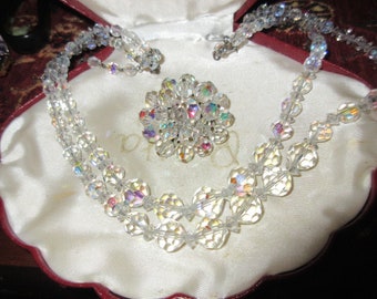 Lovely Vintage 1950s  2 strand aurora borealis necklace, brooch  set