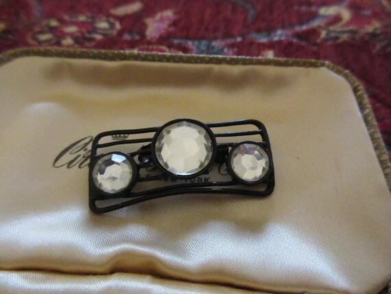 Lovely vintage Deco black enamel and faceted fx crystal brooch