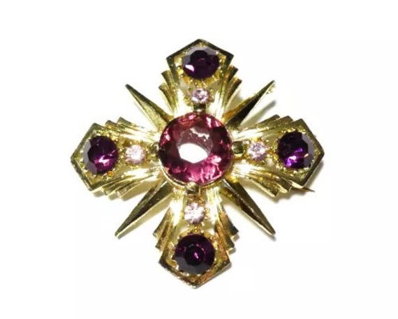 Lovely vintage goldplated  Maltese cross purple glass rhinestone brooch