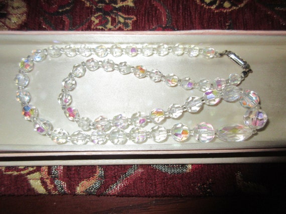 Beautiful vintage aurora borealis crystal necklace  marcasite clasp 19 inches