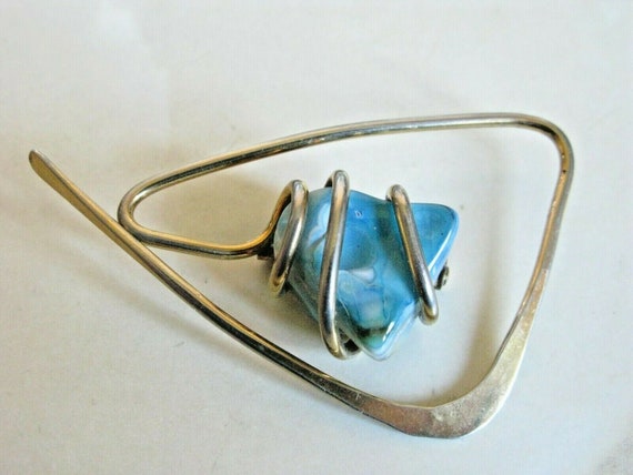 Lovely vintage signed Astrahan NY modernist goldplated blue agate brooch