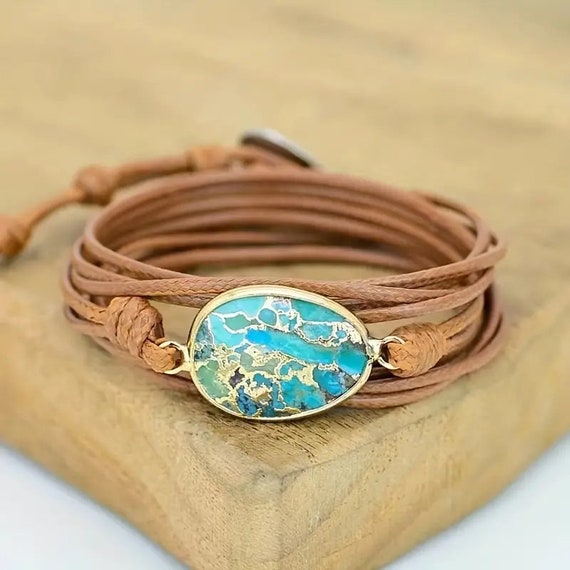 Lovely tan waxed rope turquoise goldplated wrap bracelet or necklace