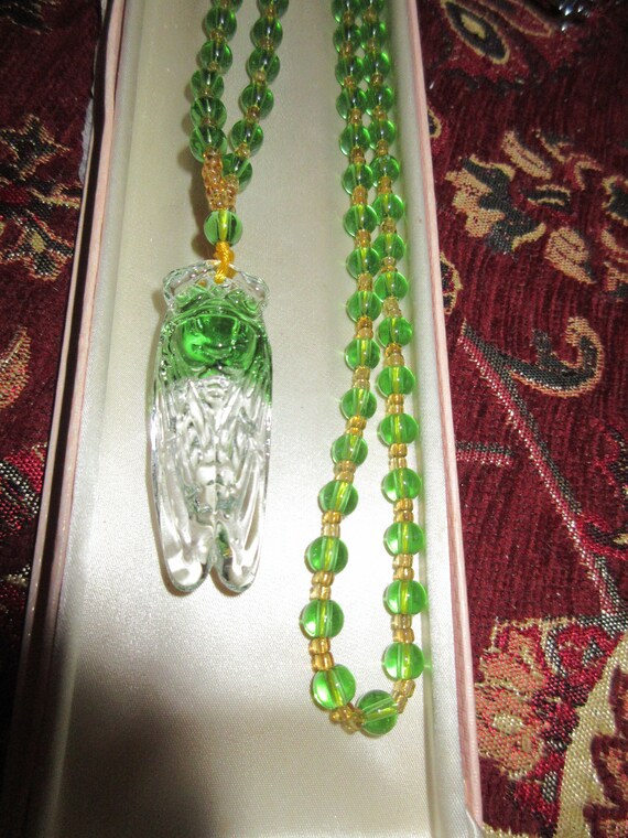 Wonderful Deco style clear and green  carved glass cicada pendant necklace 24"