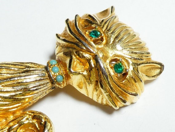 Pretty vintage Goldtone Textured Green Rhinestone & Faux Turquoise Cat brooch