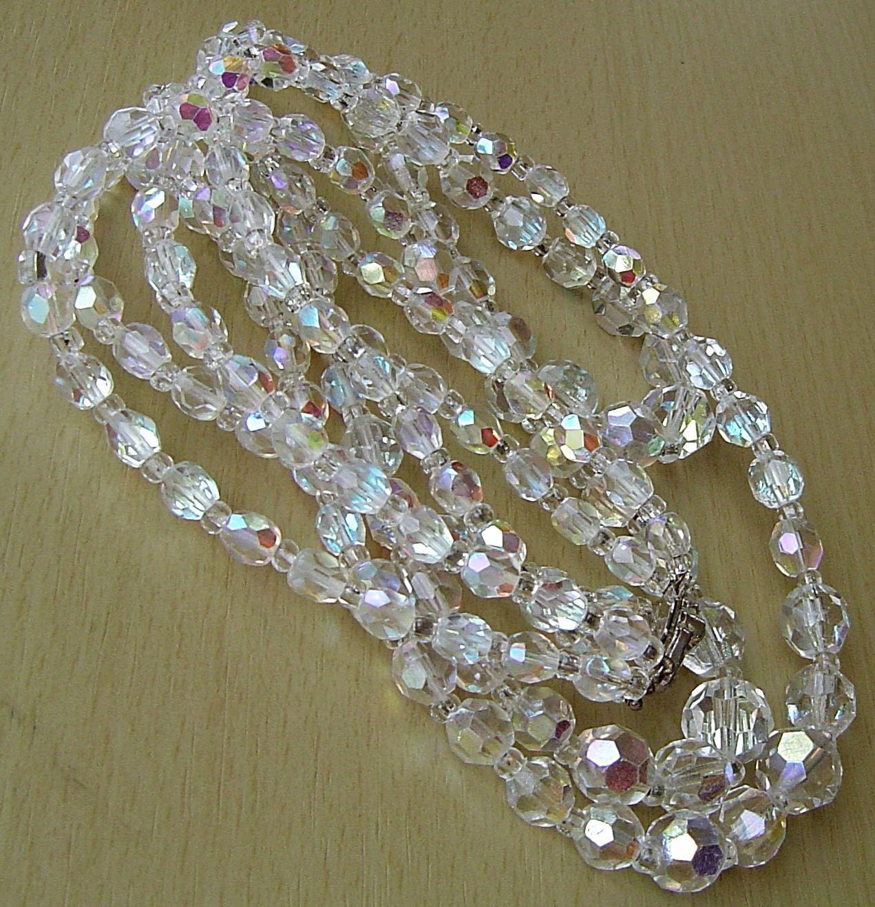 Vintage 1950s 3 strand aurora borealis crystal necklace