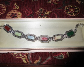 Lovely vintage Scottish pewter polished  agate bracelet 7-8 inches
