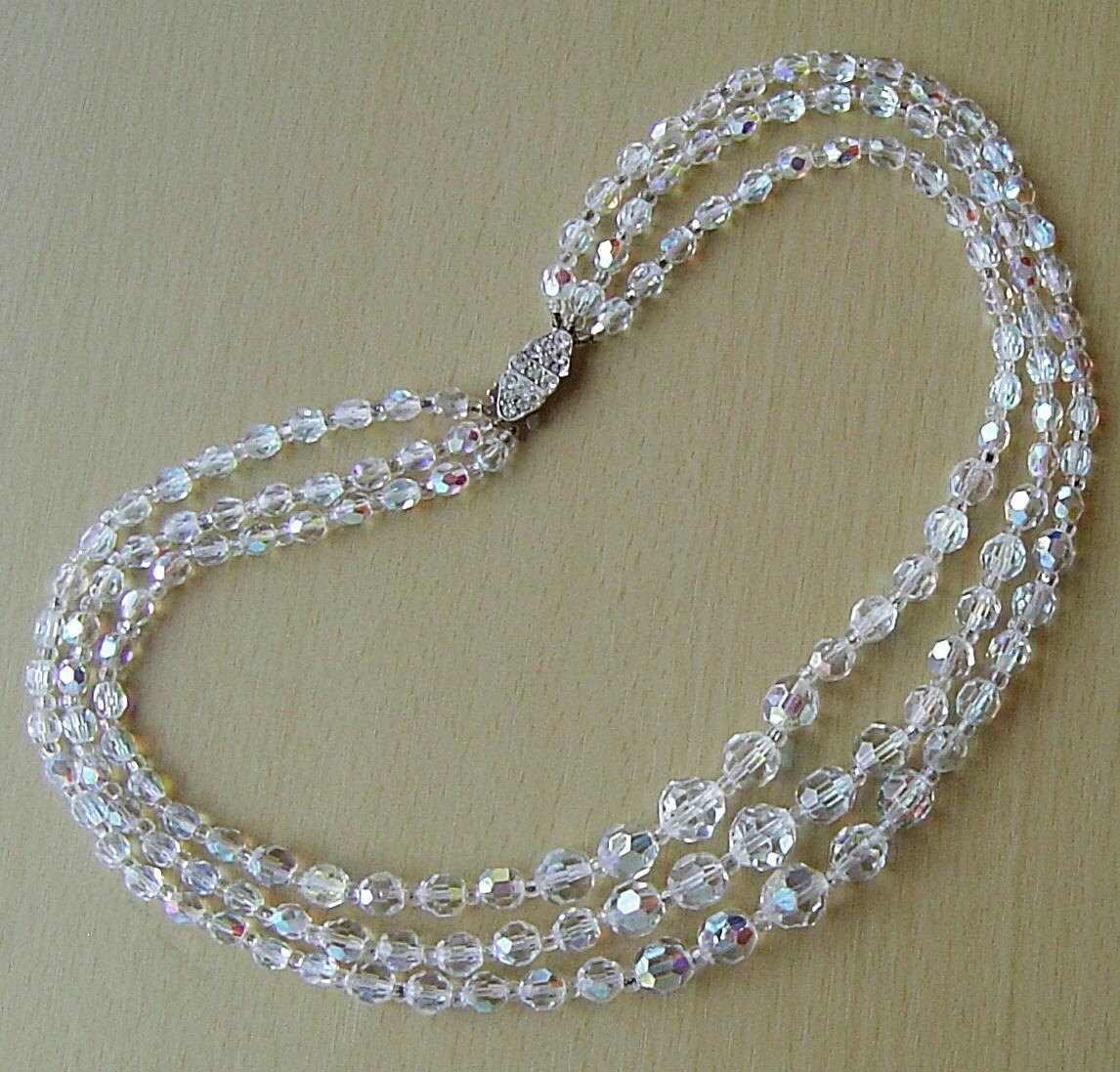 Vintage 1950s 3 strand aurora borealis crystal necklace