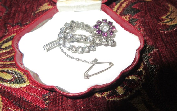 Lovely Vintage Art Deco Silver Tone Amethyst & Clear Crystal Floral Pin Brooch