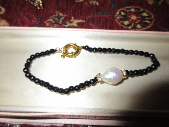 Lovely Natural  4mm Black onyx and natural Kasumi Pearl   Bracelet 8"