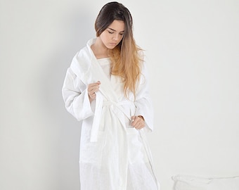 Linen bathrobe / Long robe with hood / Long linen gown / White linen bathrobe / Linen loungewear / Baltic quality linen