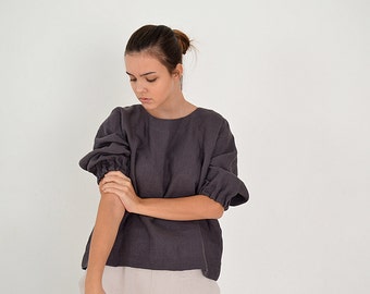 Linen top / Linen loose top  / Oversized blouse with 3/4 sleeves / Washed linen blouse  / Soft linen casual top