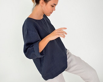 Linen loose top - Oversize blouse - Midnight blue linen top - Washed linen blouse - long sleeves top - Soft linen casual top