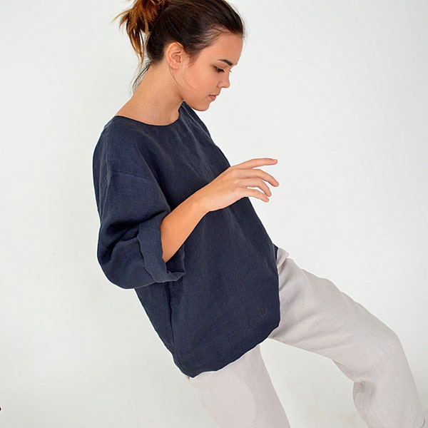 Linen loose top - Oversize blouse - Midnight blue linen top - Washed linen blouse - long sleeves top - Soft linen casual top