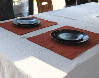 Terracotta Linen Placemat Set, Stonewashed Table Linens, Mitered Corners