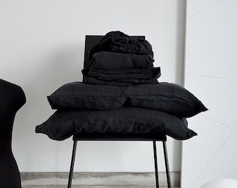 Linen sheet set, linen sheet set of of 4 pcs, 2 pillowcase and 2 sheet set, Deep black linen bedding set