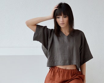 V-neck linen blouse /  Loose linen top / Oversize linen top / Dark linen blouse / Casual linen top