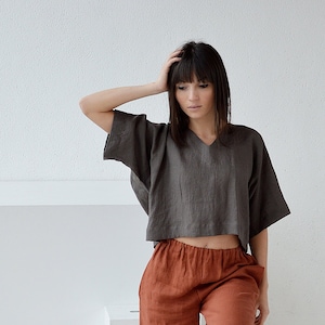 V-neck linen blouse /  Loose linen top / Oversize linen top / Dark linen blouse / Casual linen top