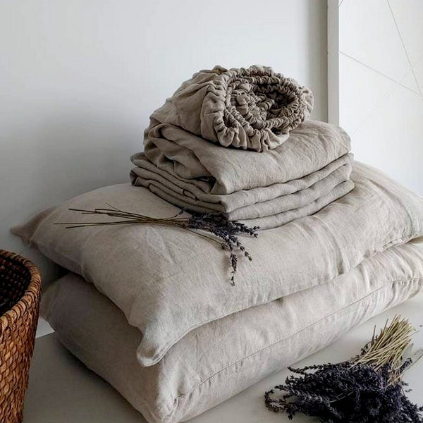 Linen sheet set, linen sheet set of of 4 pcs, 2 pillowcase and 2 sheet set, Natural undyed linen bedding set