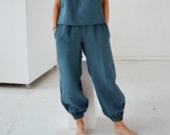 Linen trousers / Ocean wave linen trousers / Pocket pants / Soft linen pants / Casual pants / Loose woman linen trousers