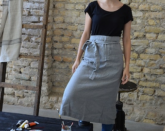 READY to ship - Thick long linen apron - Practical coventry gray apron - Heavy weight linen apron - Stonewashed linen cafe apron