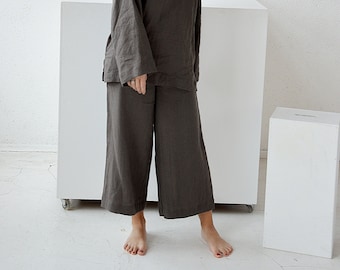 Linen culottes pants / Loose linen pants / Midi flared linen pants / Soft linen trousers / Weathered wood pants / Washed linen pants