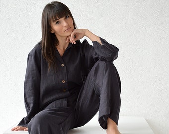 Handmade linen pajama - Woman's Pajama Shirt and Pants - High-quality softened Linen loungewear - Soft linen pajama set